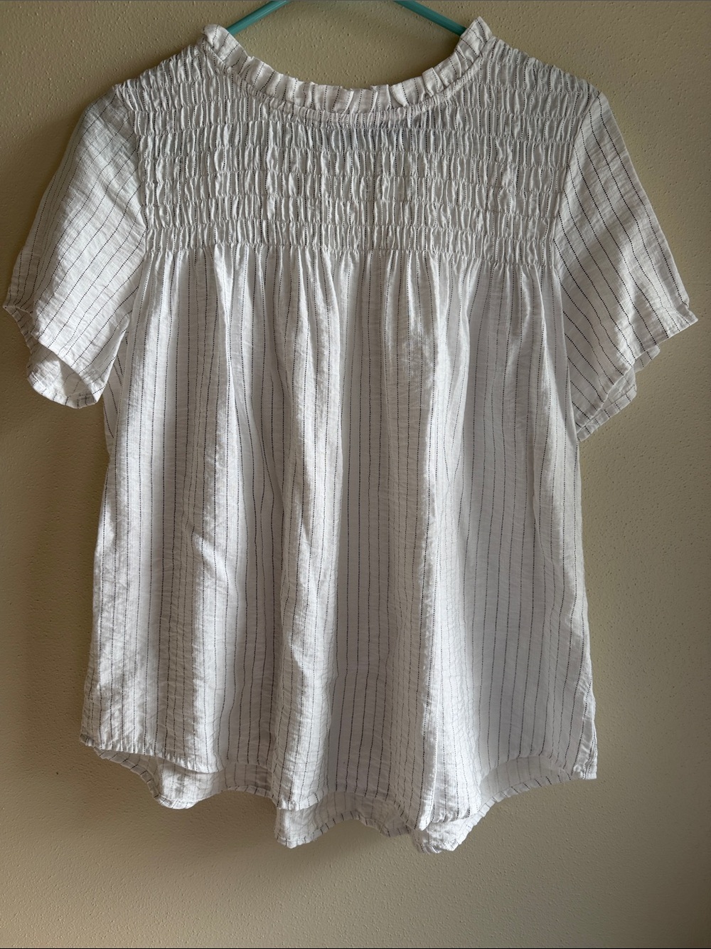 j Robert’s White Pinstripe Smocked Yoke Blouse